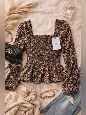 Japna Smocked Floral Peplum Top Long Sleeve Square Neck Boho NWT